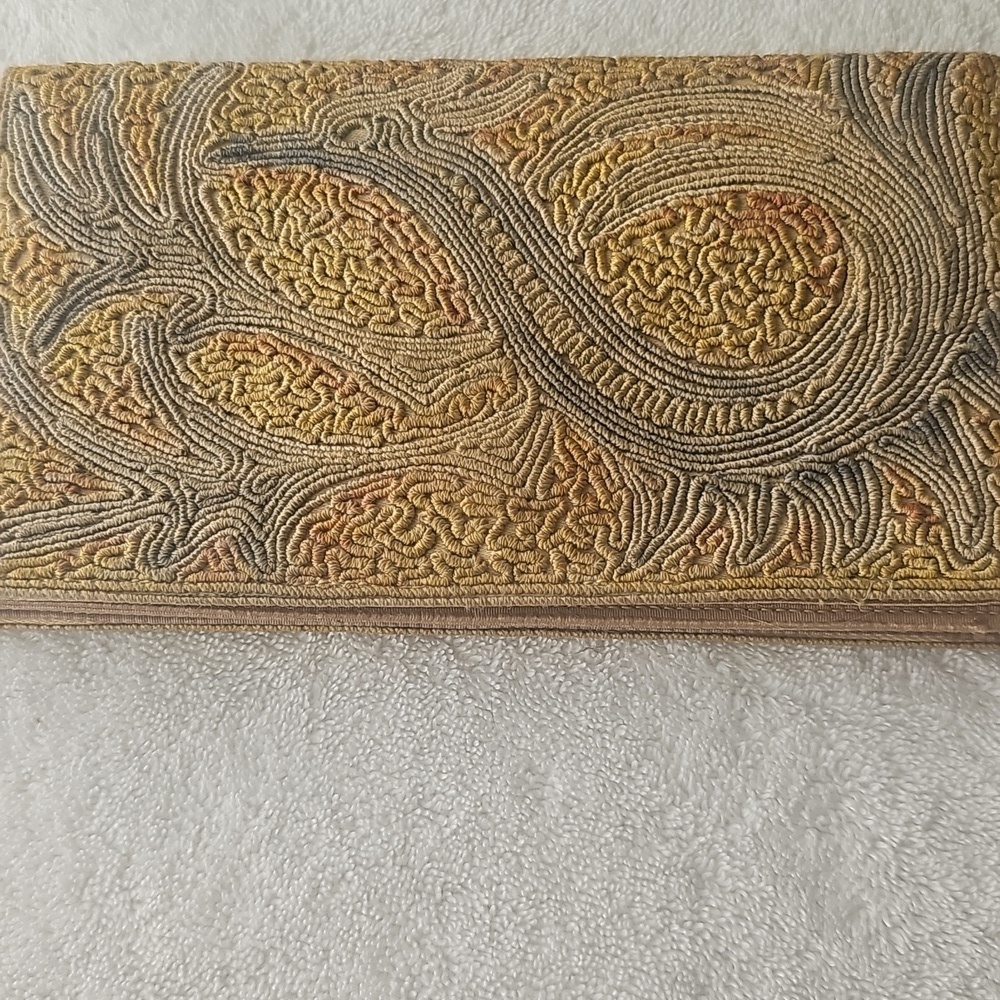Rare Mid-Century Metallic Tambour Embroidered Paisley Gold Clutch Peacock 8"x5"
